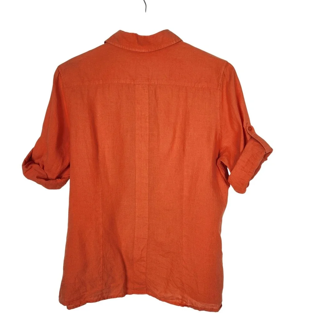 THOMAS PINK Shirt Womens US 12 Orange Pure Linen Button Front Roll‎ Tab Top